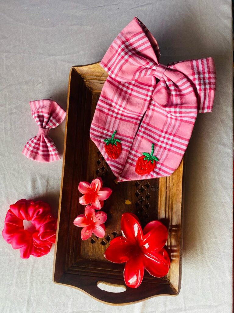 Sweet Strawberry Pink Hair Accessory Set – 6-Piece Playful Plaid & Floral Clip Collection for Fun and Fresh Everyday Looks