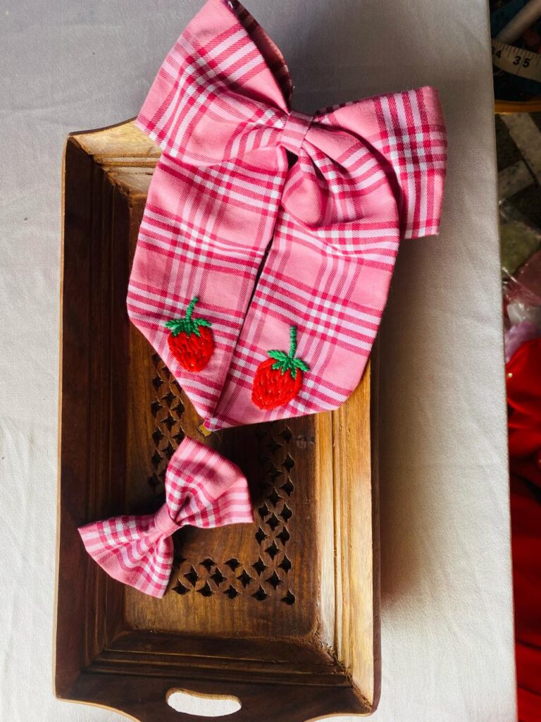 Berry Sweet Duo – Handcrafted Pink Plaid Strawberry Embroidered Bow Set