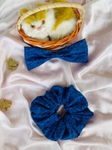 Handcrafted Royal Blue Floral Pattern Scrunchie and Matching Hair Bow Clip Set – Elegant Satin Accessories for Women and Girls