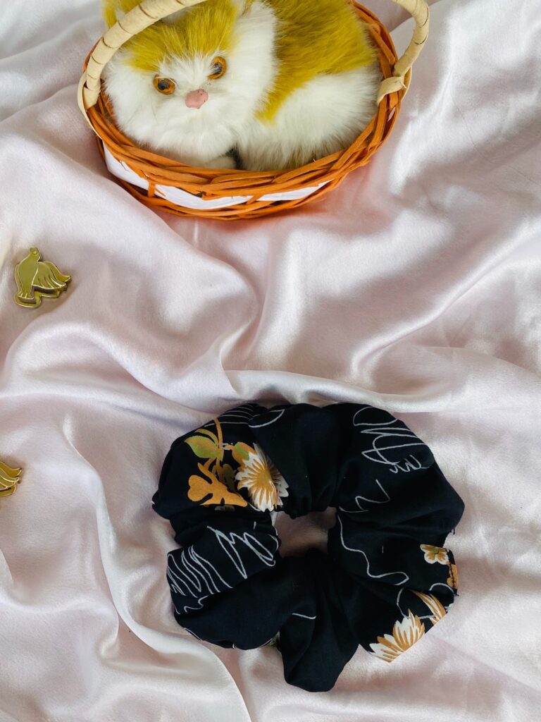 Elegant Black Floral Handcrafted Scrunchie for Women and Girls