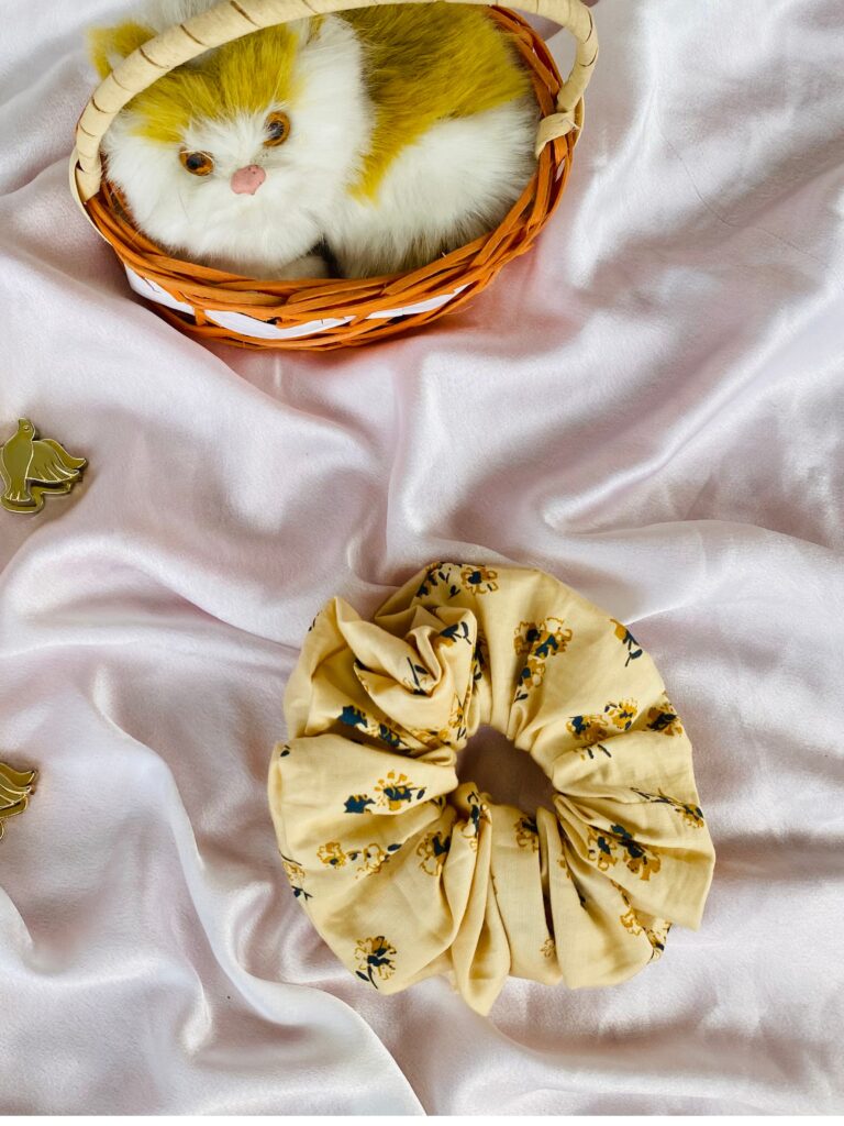 Elegant Beige Floral Printed Scrunchie for Women & Girls