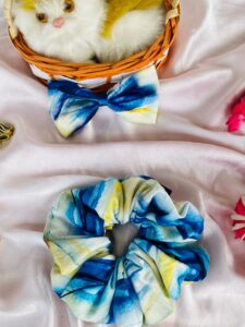 Blue & Yellow Watercolor Tie-Dye Scrunchie with Matching Bow Hair Clip (2 Piece)