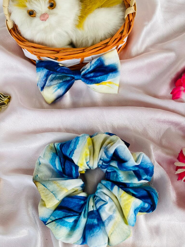 Blue & Yellow Watercolor Tie-Dye Scrunchie with Matching Bow Hair Clip (2 Piece)