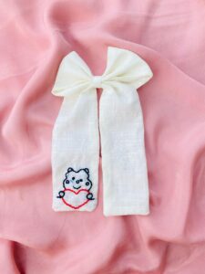 Whiskers of Love: Hand-Embroidered Linen Bowtie with Heart-Hugging Kitty Charm