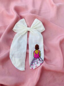 Elegance Embroidered Girl Bow – Handmade Cotton Hair Accessory with Artistic Detailing