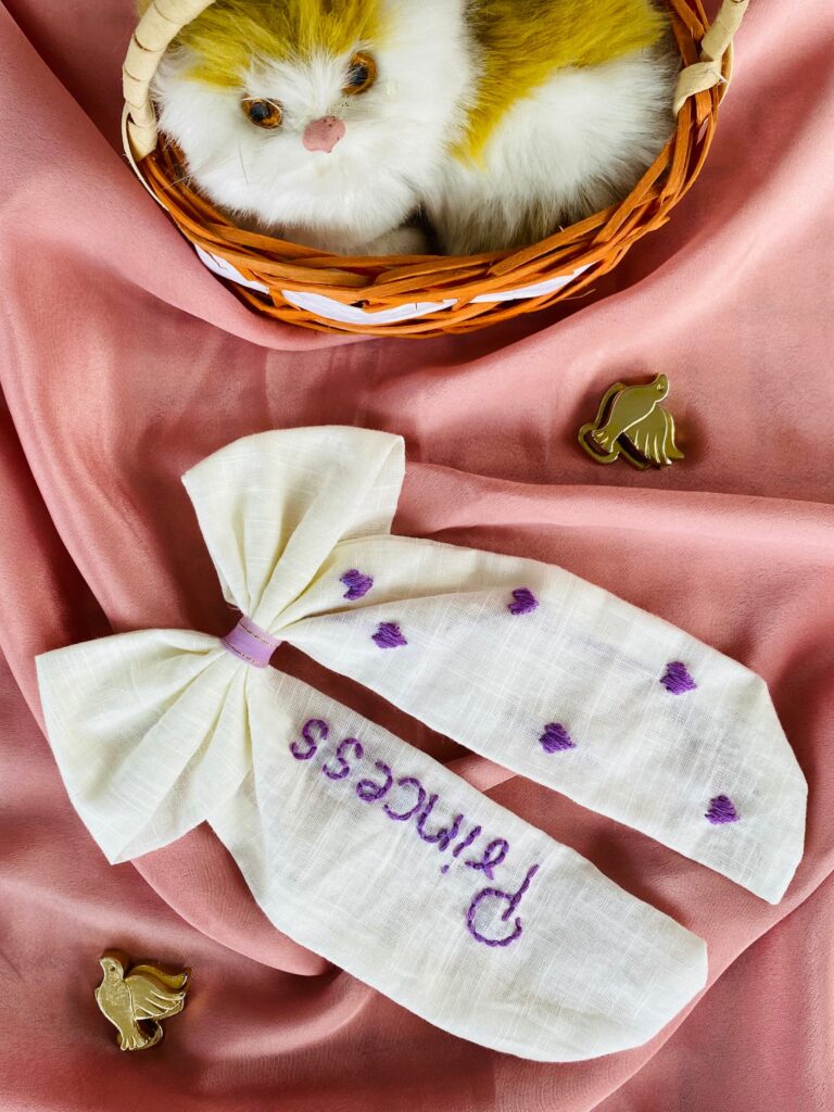 Little Princess Pure Cotton Bow – Hand-Stitched Purple Hearts & Script