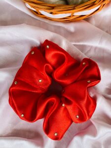 Bold Red Studded Satin Scrunchie 1 Piece – Glamorous Hair Accessory with Gold Accents for Parties and Special Occasions
