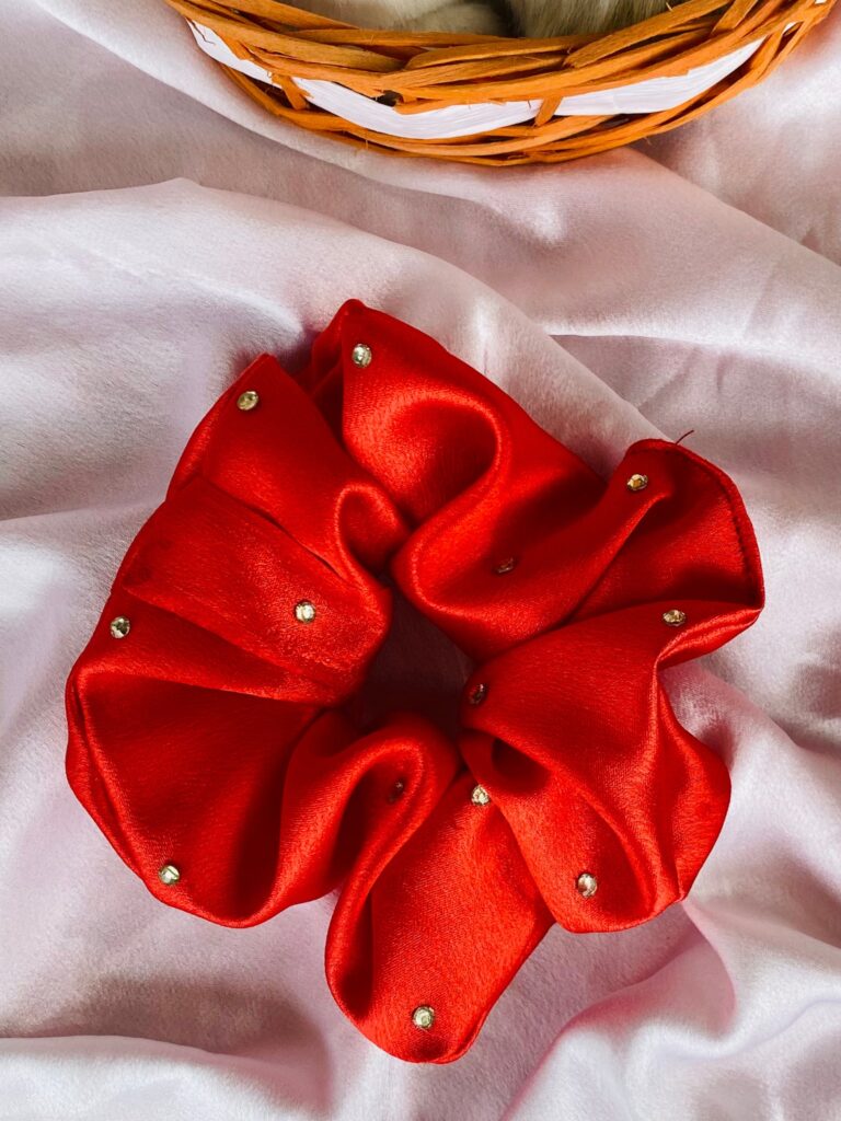Bold Red Studded Satin Scrunchie 1 Piece – Glamorous Hair Accessory with Gold Accents for Parties and Special Occasions