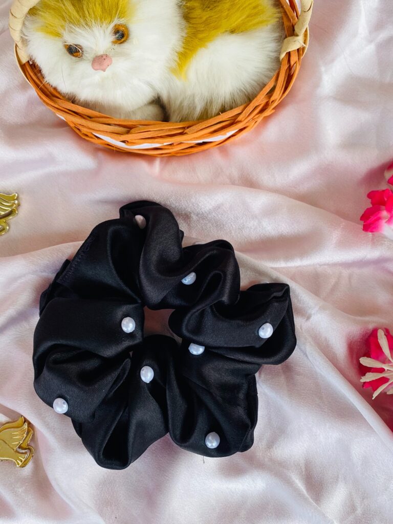 Elegant Black Satin Scrunchie with Pearls 1 Piece – Classy & Chic Hair Accessory for Any Occasion